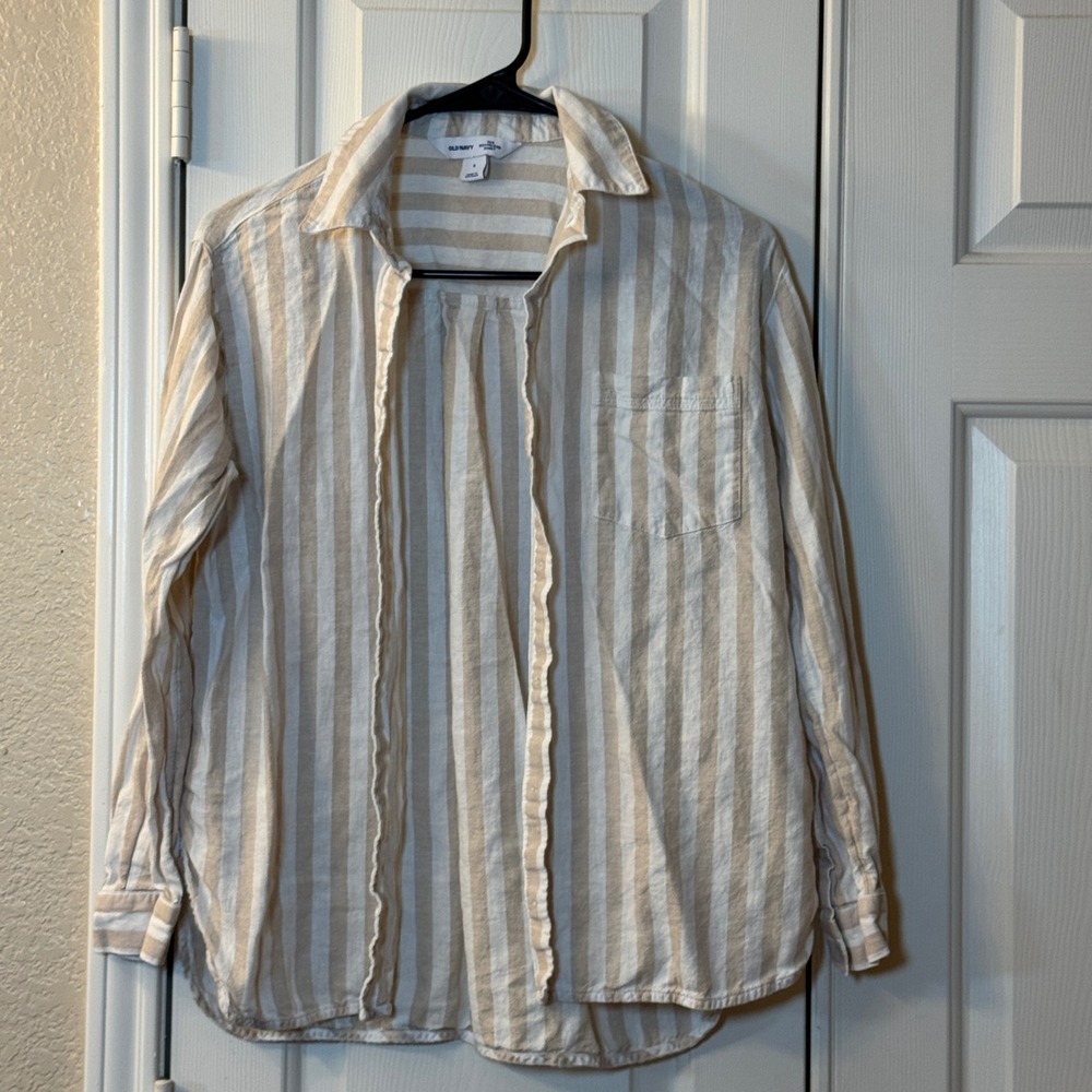 Old Navy Beige & Cream Striped Button-Down Top